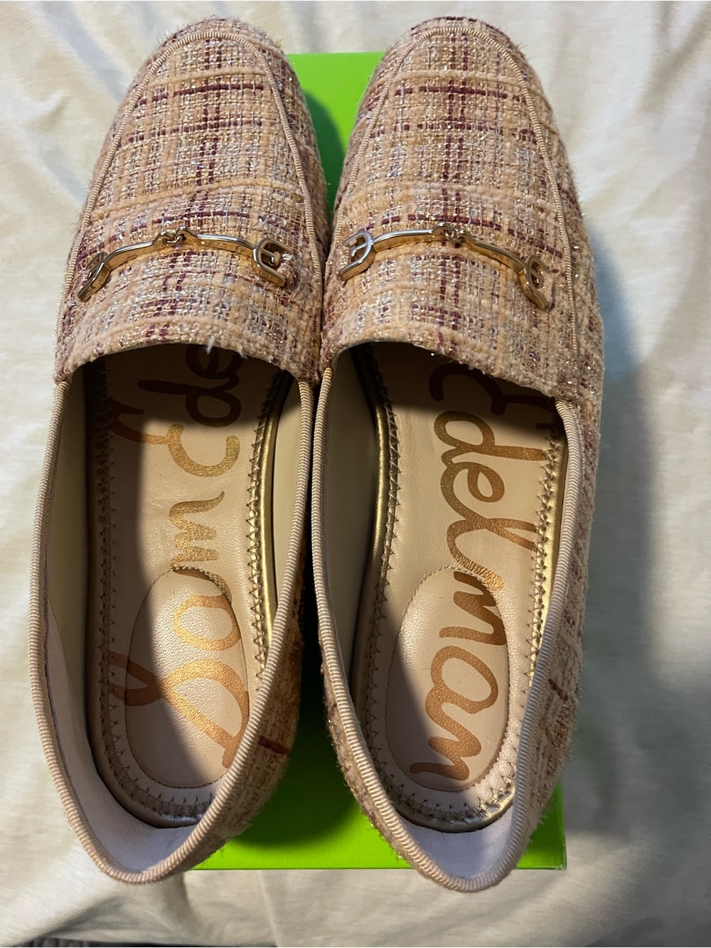 Sam Edelman Blush Tweed Loafers with Gold Bit